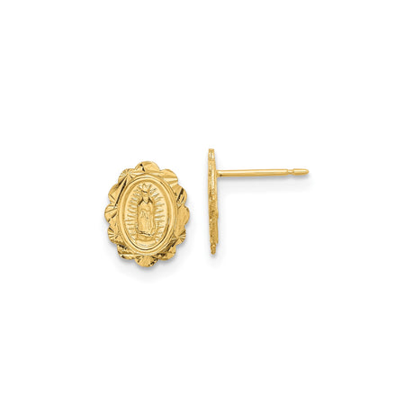 14k Yellow Gold Guadalupe Stud Earrings for Women with Scalloped Edges Featuring Virgin Mary Medal, Our Lady Religious Jewelry, Catholic Faith Gold Studs, Spiritual Latin Devotion