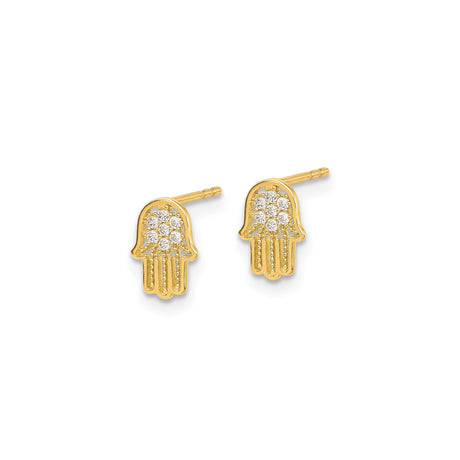14K Yellow Gold Hamsa Hand Stud Earrings With CZ Stones