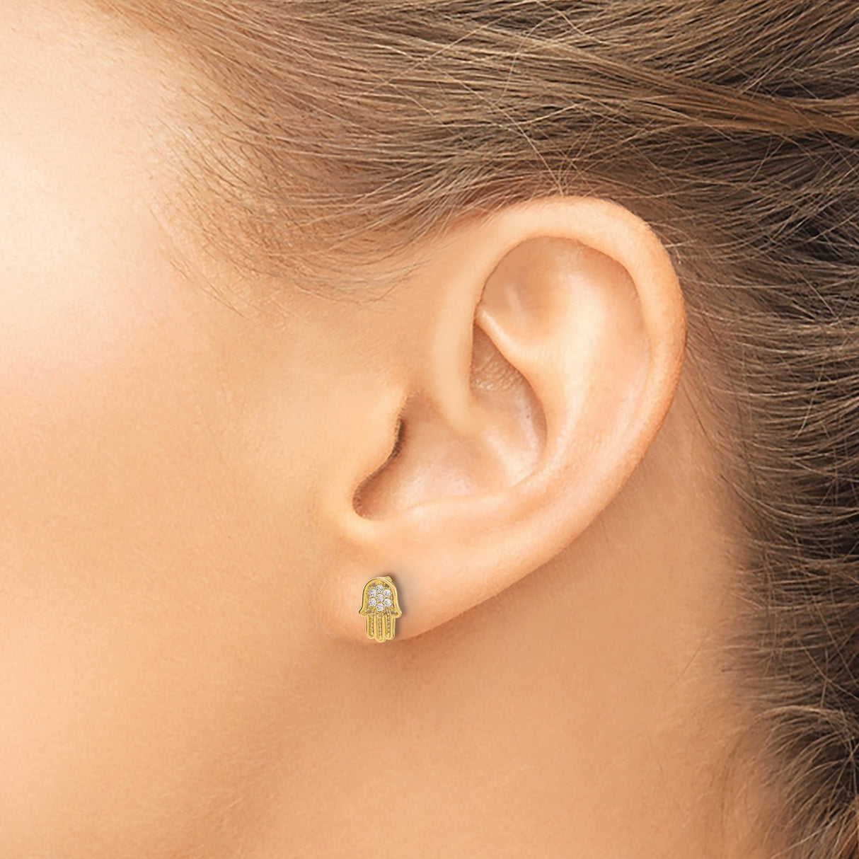 14K Yellow Gold Hamsa Hand Stud Earrings With CZ Stones