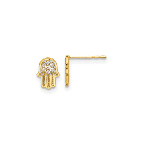 14k Yellow Gold Hamsa Hand Stud Earrings for Women with Cubic Zirconia, Symbolic Protection Jewelry, Minimalist Middle Eastern Faith Design, Dainty Spiritual Ear Studs, Religious Gold Accessory