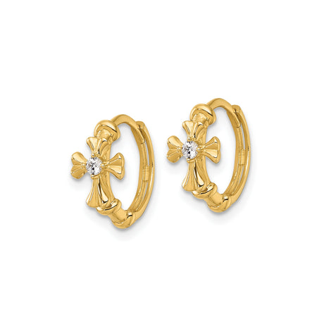 14K Yellow Gold Cross Hoop Earrings With Diamond Accent