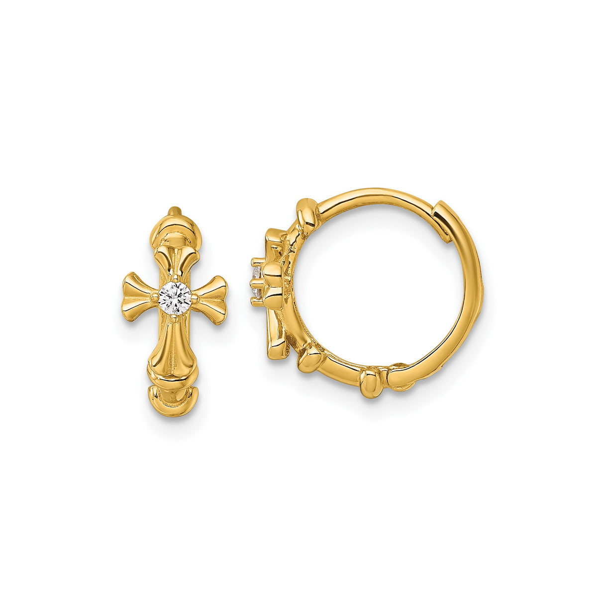 14k Yellow Gold Hoop Earrings with Stylized Christian Cross and Round Diamond Accent, Womens Religious Jewelry, Faith Symbol Hoops, Spiritual Gold Earrings, Modest Christian Fashion Accessory