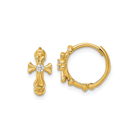 14k Yellow Gold Hoop Earrings with Stylized Christian Cross and Round Diamond Accent, Womens Religious Jewelry, Faith Symbol Hoops, Spiritual Gold Earrings, Modest Christian Fashion Accessory