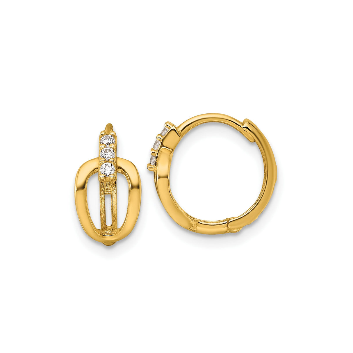 14k Yellow Gold Oval Link Hoop Earrings for Women with Three Round Cut Cubic Zirconia Stones, High Polish Modern Design, Elegant Fine Jewelry for Daily Wear, Lightweight Fashion Gold Hoops
