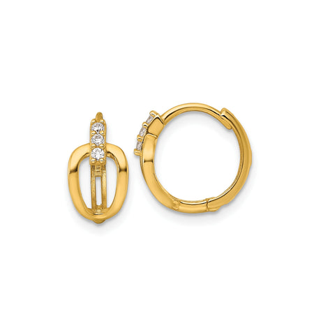 14k Yellow Gold Oval Link Hoop Earrings for Women with Three Round Cut Cubic Zirconia Stones, High Polish Modern Design, Elegant Fine Jewelry for Daily Wear, Lightweight Fashion Gold Hoops