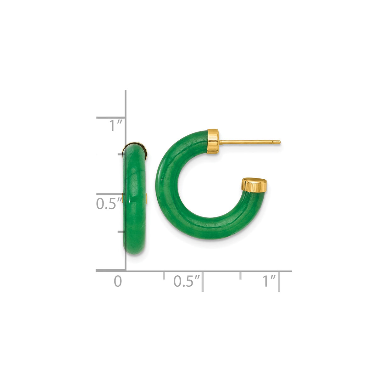 14k Yellow Gold Hoop Earrings with Green Jade, Circular Design, Polished Gold Caps