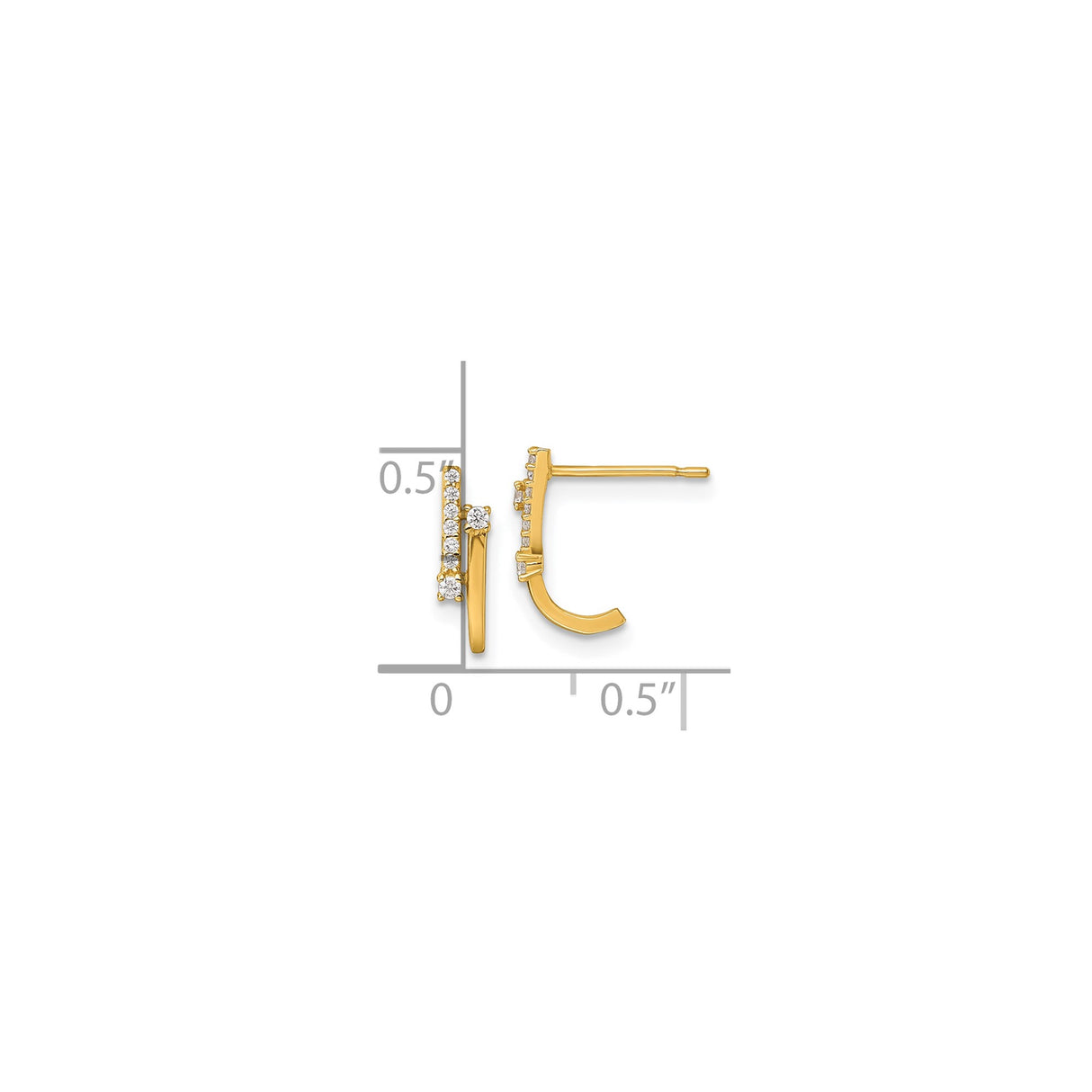 14k Yellow Gold Curved Stud Earrings with Cubic Zirconia, Modern Minimalist Design