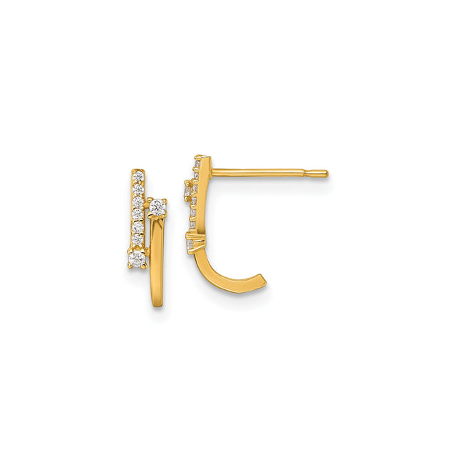 14k Yellow Gold Curved Stud Earrings with Cubic Zirconia, Modern Minimalist Design