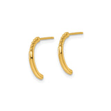 14k Yellow Gold Hoop Earrings with Polished Finish and Beaded Edge, Lightweight J-Hoop Design
