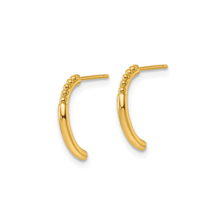 14k Yellow Gold Hoop Earrings with Polished Finish and Beaded Edge, Lightweight J-Hoop Design
