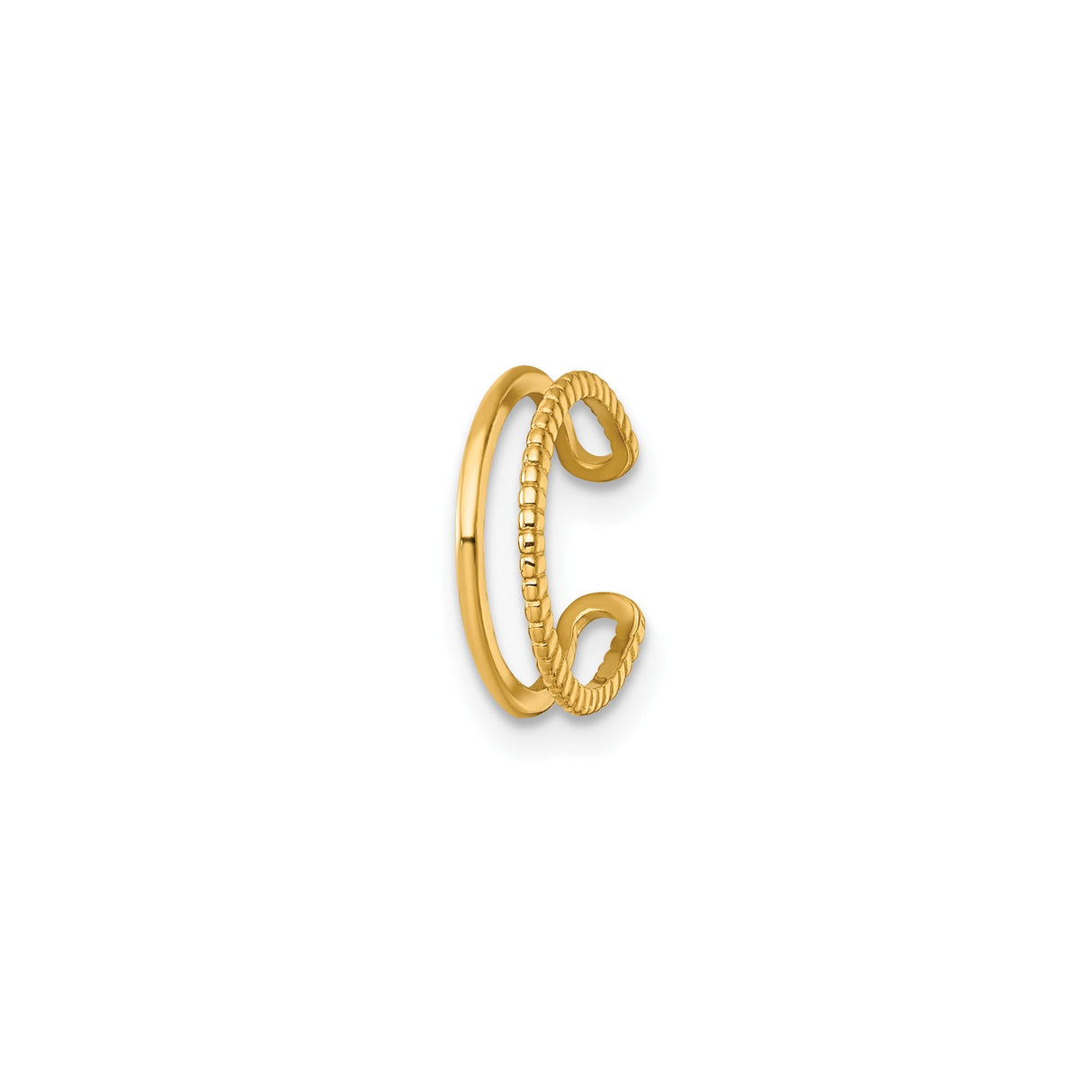 14k Yellow Gold Ear Cuff with Polished and Textured Rope Bands, Dual Band Non Pierced Earring, Modern Stackable Unisex Jewelry, Minimalist Fine Accessory for Trendy Daily Wear and Styling