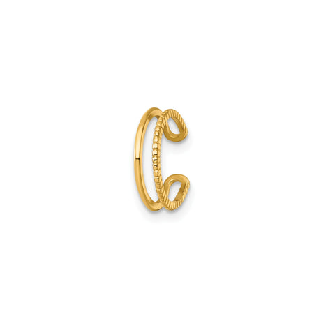 14k Yellow Gold Ear Cuff with Polished and Textured Rope Bands, Dual Band Non Pierced Earring, Modern Stackable Unisex Jewelry, Minimalist Fine Accessory for Trendy Daily Wear and Styling