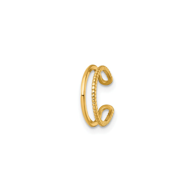 14k Yellow Gold Ear Cuff with Polished and Textured Rope Bands, Dual Band Non Pierced Earring, Modern Stackable Unisex Jewelry, Minimalist Fine Accessory for Trendy Daily Wear and Styling