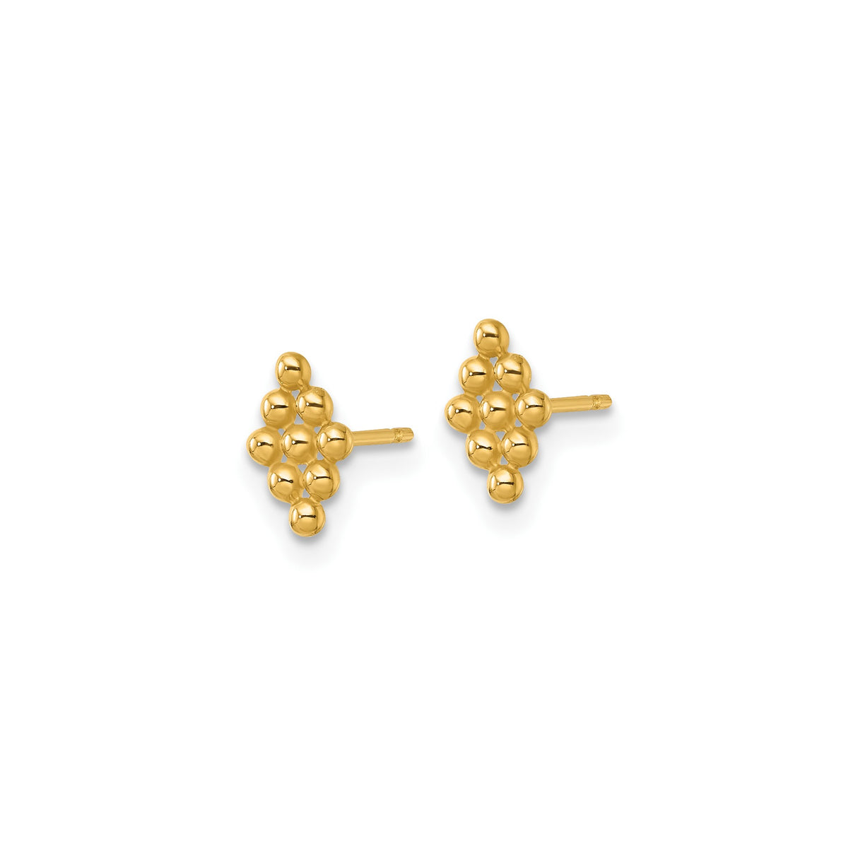 14k Yellow Gold Stud Earrings, Geometric Diamond Shape with Polished Beads, Minimalist Modern Style