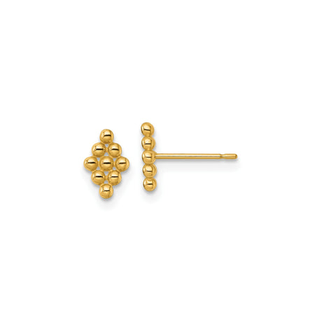 14k Yellow Gold Stud Earrings, Geometric Diamond Shape with Polished Beads, Minimalist Modern Style