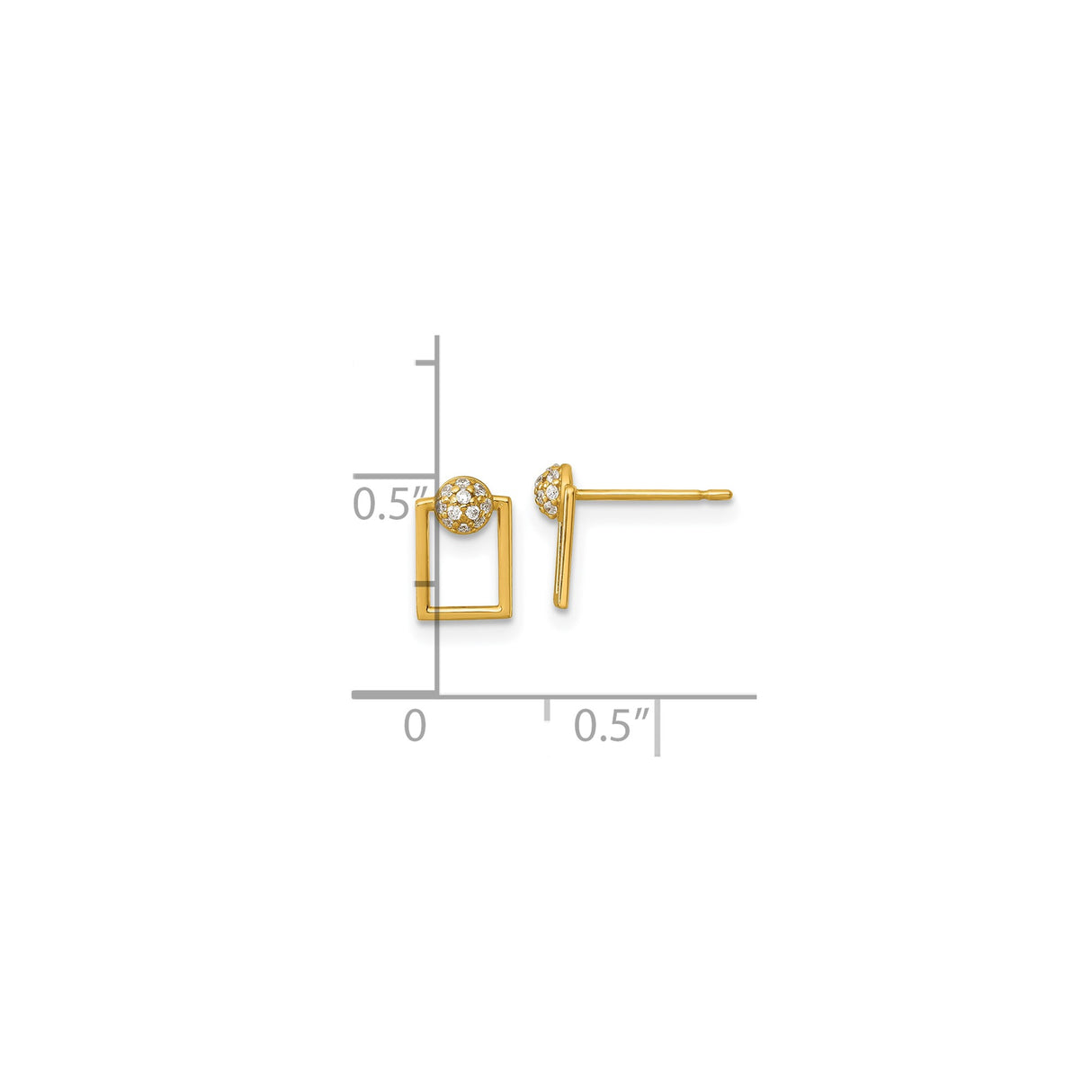 14k Yellow Gold Rectangle Stud Earrings with Cubic Zirconia, Geometric Open Design