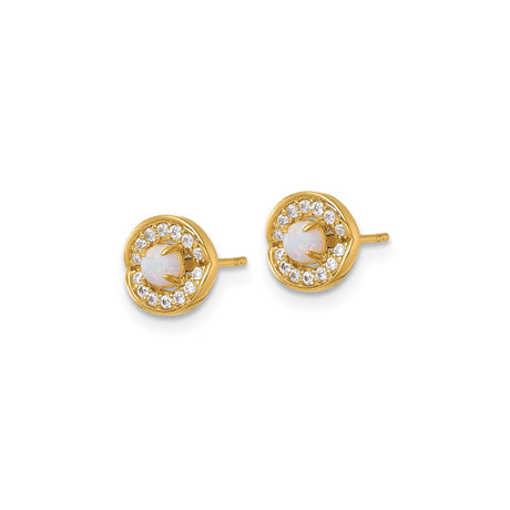 14k Yellow Gold Stud Earrings with Opal Center and Cubic Zirconia Halo in Floral Design