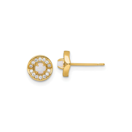 14k Yellow Gold Stud Earrings with Opal Center and Cubic Zirconia Halo in Floral Design