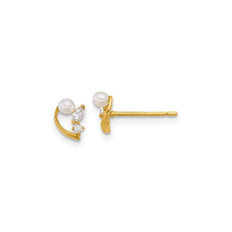 14k Yellow Gold Stud Earrings with Cultured Pearl and Cubic Zirconia Accents, Curved Design