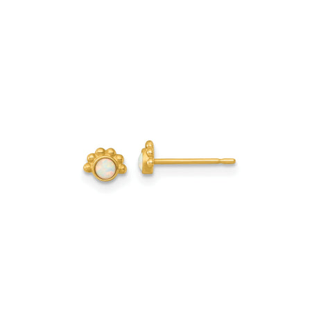 14k Yellow Gold Stud Earrings with Created Opal and Paw Print Design, Animal Motif for Women