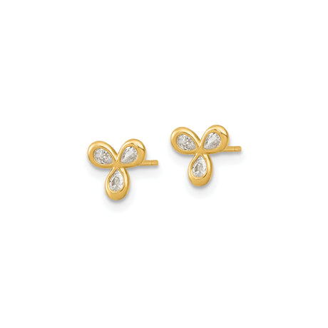 14k Yellow Gold Stud Earrings with Tear Shaped Cubic Zirconia, Trinity Clover Design