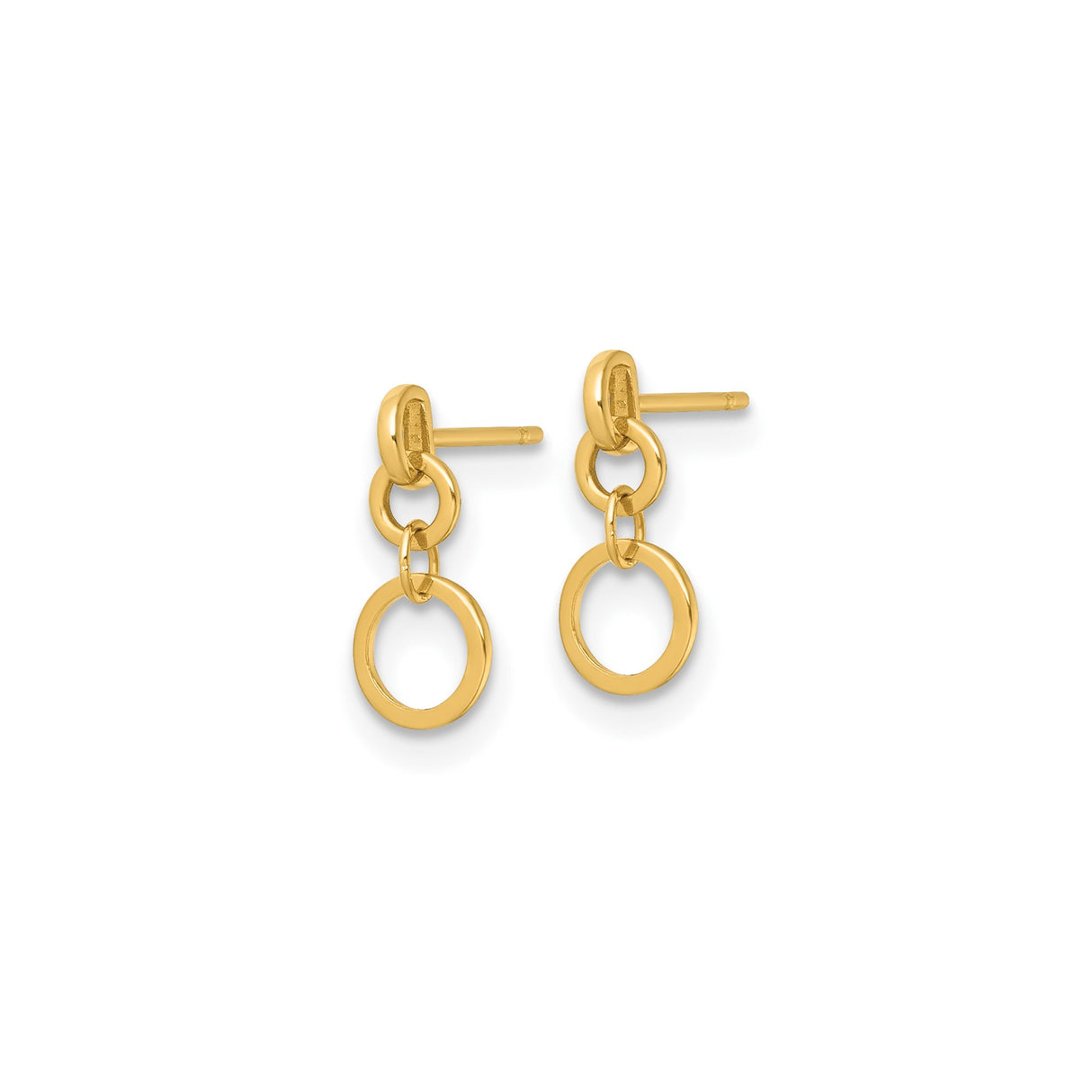 14k Yellow Gold Dangle Stud Earrings with Interlocking Open Circles, Minimalist Drop Style