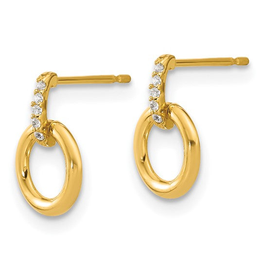14k Yellow Gold Dangle Hoop Earrings with Cubic Zirconia, Open Circle Design