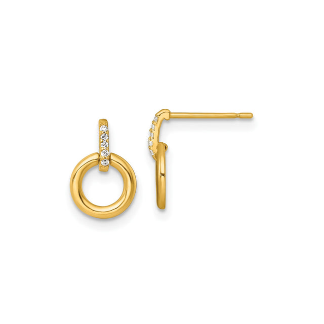 14k Yellow Gold Dangle Hoop Earrings with Cubic Zirconia, Open Circle Design
