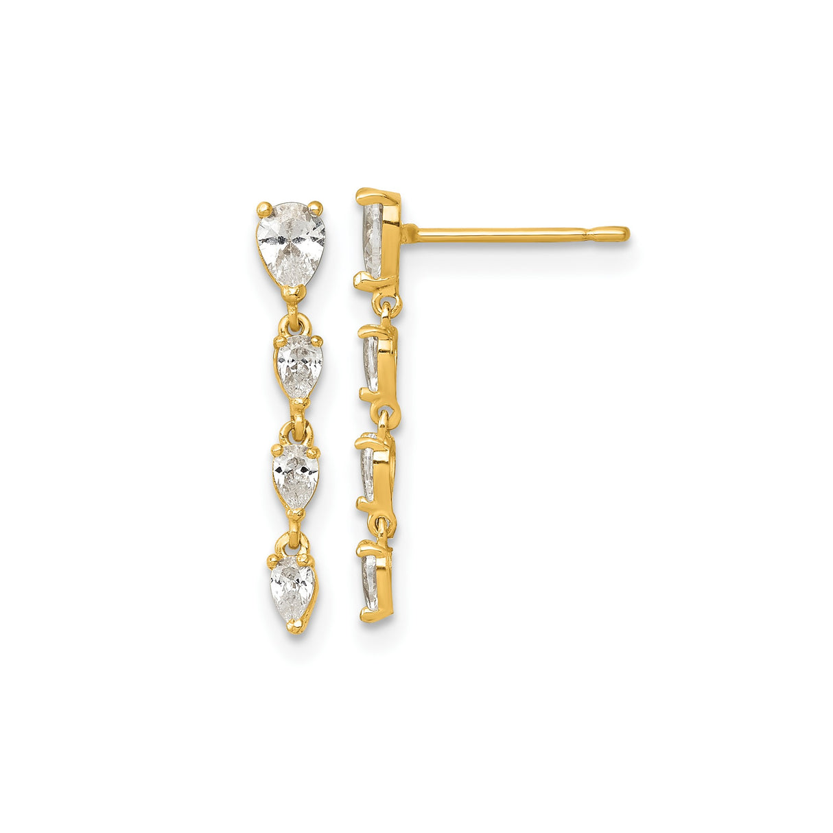 14k Yellow Gold Drop Earrings with Pear Shaped Cubic Zirconia, Linear Dangle Design for Women