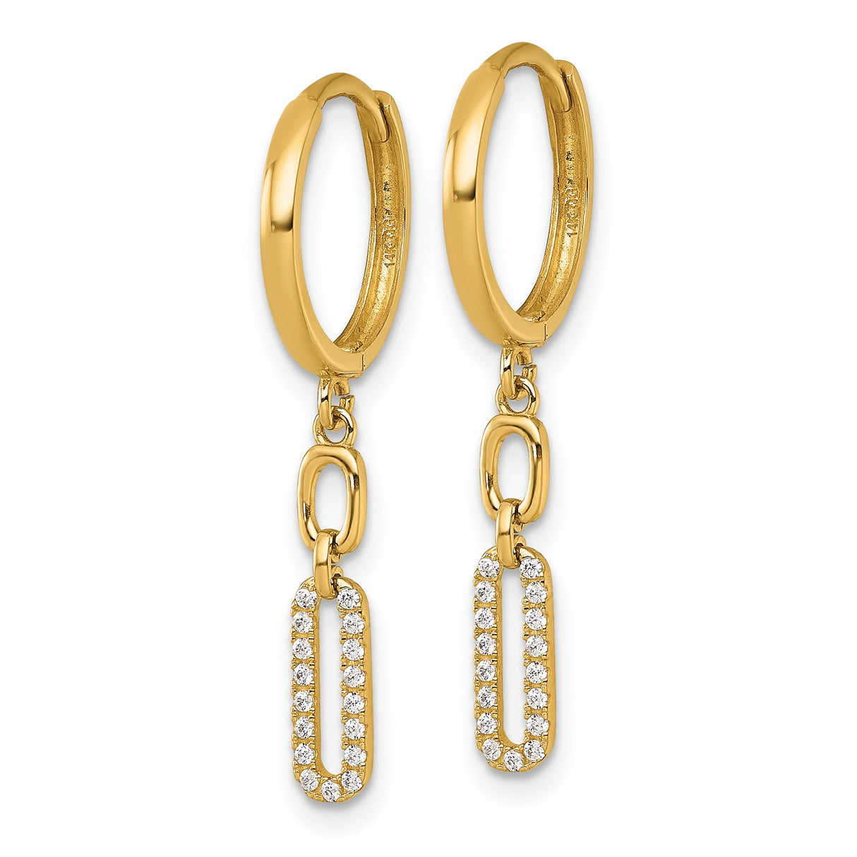 14k Yellow Gold Dangle Hoop Earrings with Cubic Zirconia, Geometric Drop, Lightweight Design