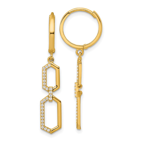 14k Yellow Gold Dangle Earrings with Cubic Zirconia, Hexagon Link Geometric Hoop Design