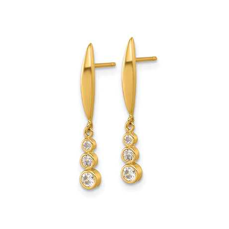 14k Yellow Gold Dangle Earrings with Cubic Zirconia, Curved Bar Design, Minimalist Style for Women