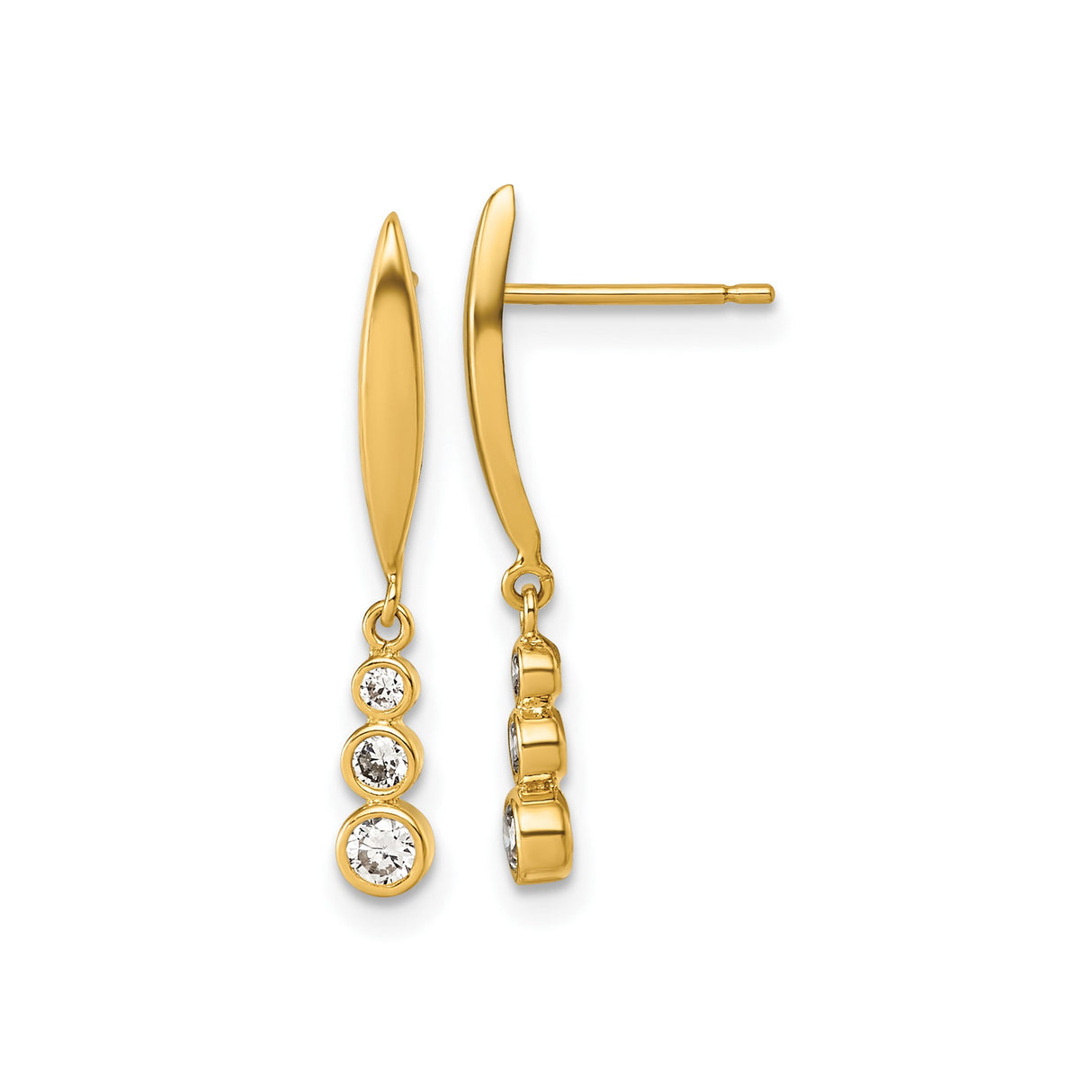14k Yellow Gold Dangle Earrings with Cubic Zirconia, Curved Bar Design, Minimalist Style for Women