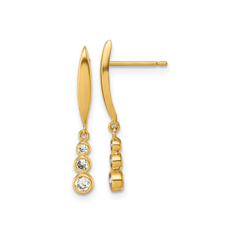 14k Yellow Gold Dangle Earrings with Cubic Zirconia, Curved Bar Design, Minimalist Style for Women
