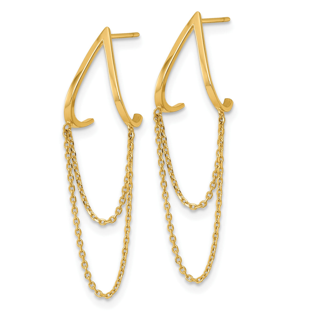 14k Yellow Gold Dangle Earrings with V Shape and Dual Chain Drops, Modern Minimalist Style