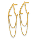 14k Yellow Gold Dangle Earrings with V Shape and Dual Chain Drops, Modern Minimalist Style