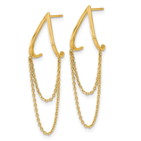 14k Yellow Gold Dangle Earrings with V Shape and Dual Chain Drops, Modern Minimalist Style