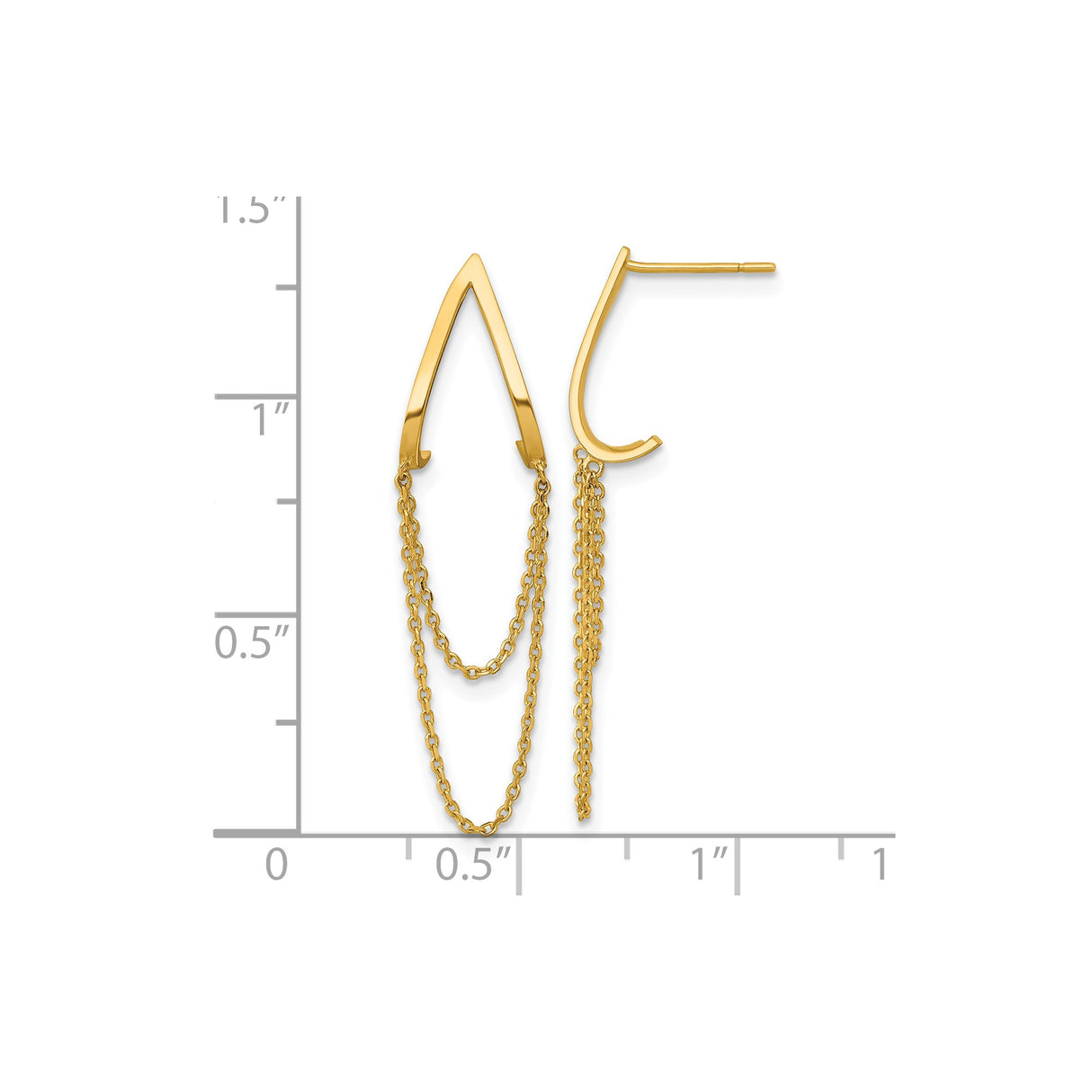 14k Yellow Gold Dangle Earrings with V Shape and Dual Chain Drops, Modern Minimalist Style