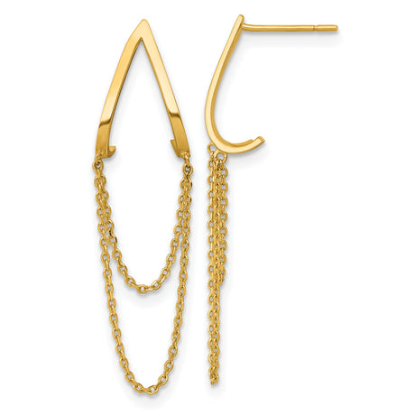 14k Yellow Gold Dangle Earrings with V Shape and Dual Chain Drops, Modern Minimalist Style
