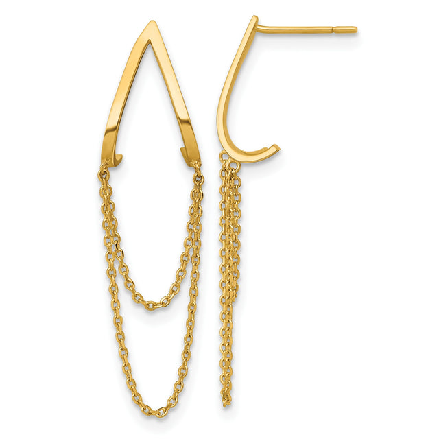 14k Yellow Gold Dangle Earrings with V Shape and Dual Chain Drops, Modern Minimalist Style