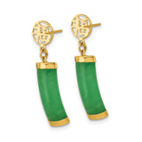 14k Yellow Gold Dangle Earrings with Green Jade Curved Bars and Chinese Fu Symbol