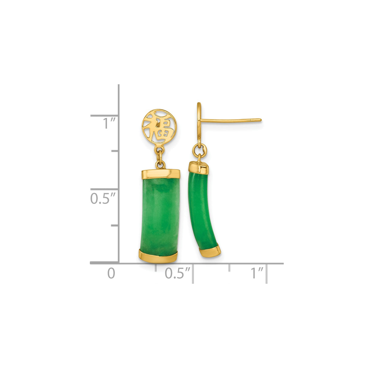 14k Yellow Gold Dangle Earrings with Green Jade Curved Bars and Chinese Fu Symbol