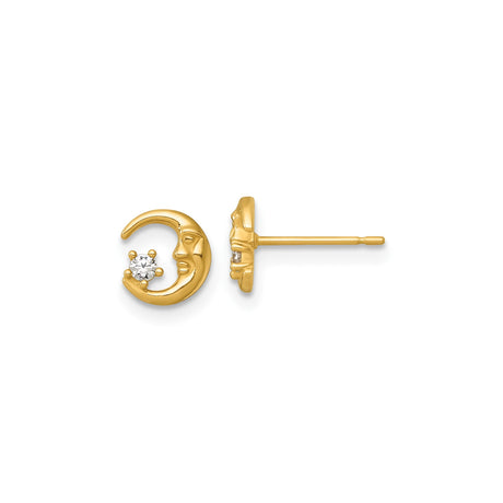 14k Yellow Gold Crescent Moon Face Stud Earrings with Cubic Zirconia Star, Celestial Theme