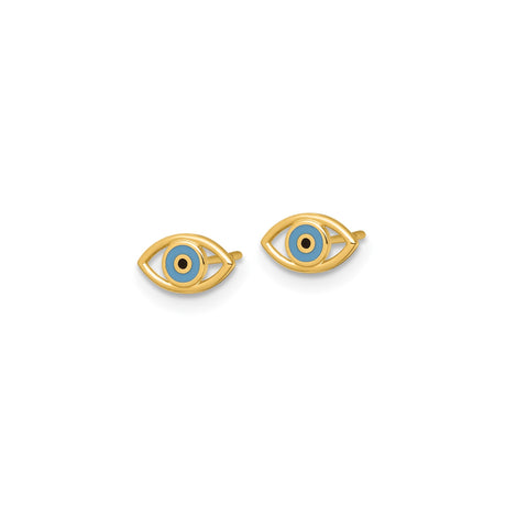 14K Yellow Gold Evil Eye Stud Earrings With Blue Enamel