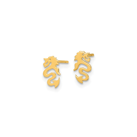 14k Yellow Gold Dragon Stud Earrings, Asian Motif Mythical Design for Men and Women