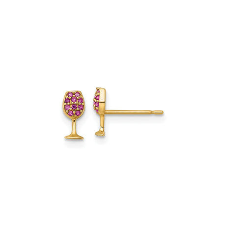 14k Yellow Gold Wine Glass Stud Earrings with Pink Gemstone Accents, Party Theme Jewelry for Women