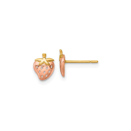 14k Yellow Gold Strawberry Stud Earrings with Pink Enamel, Whimsical Fruit Design for Women or Girls