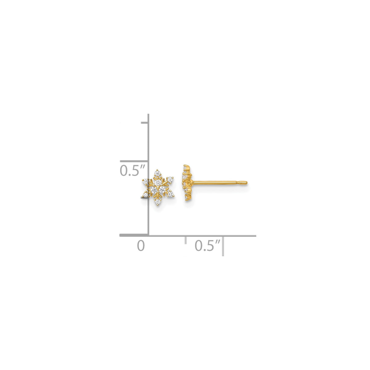 14k Yellow Gold Snowflake Stud Earrings with Cubic Zirconia, Winter Holiday Jewelry for Women