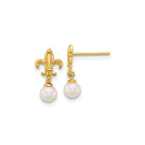 14k Yellow Gold Dangle Earrings with Cultured Pearls and Fleur de Lis Design