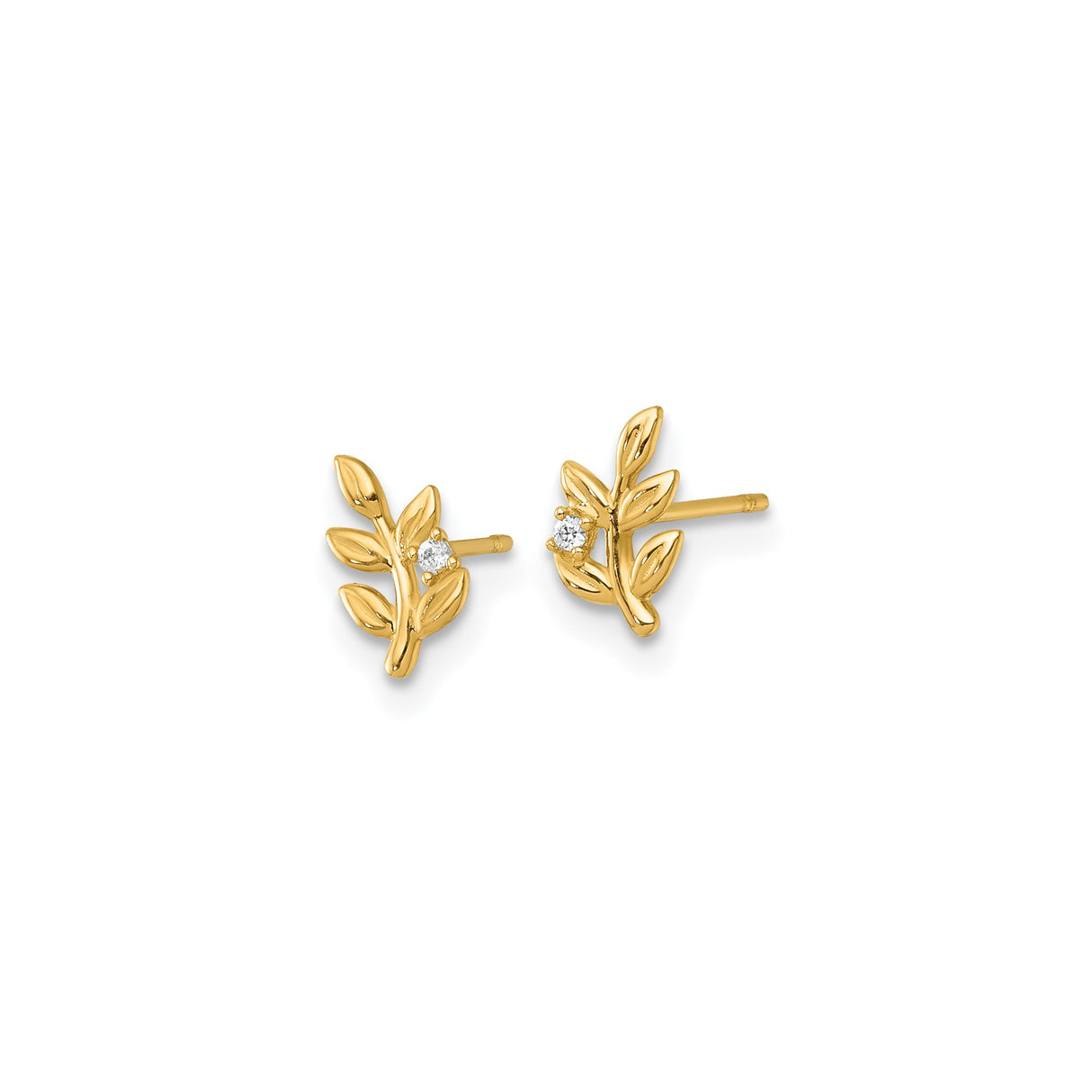 14k Yellow Gold Leaf Branch Stud Earrings with Cubic Zirconia, Botanical Minimalist Design